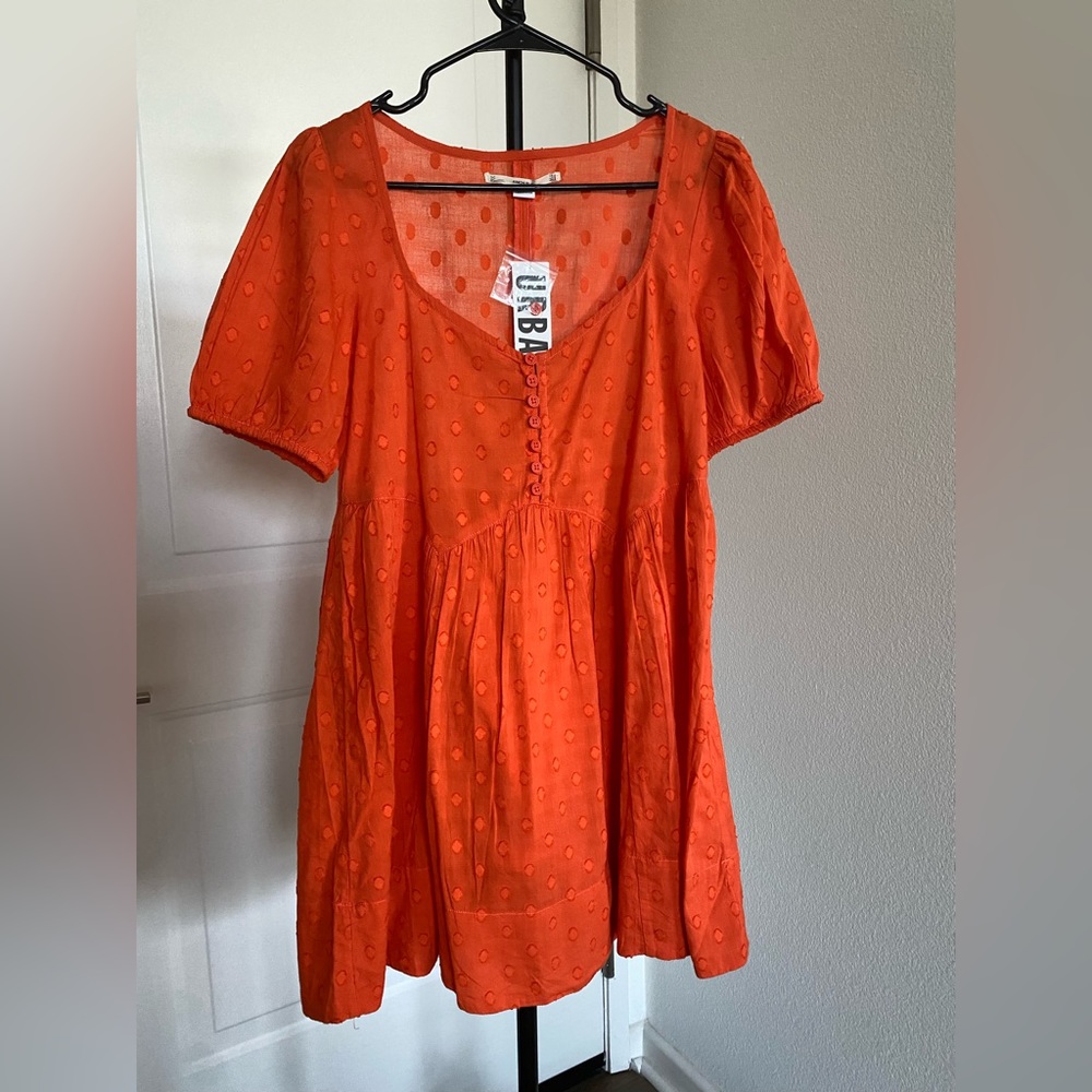Orange polka dot embroidered mini dress